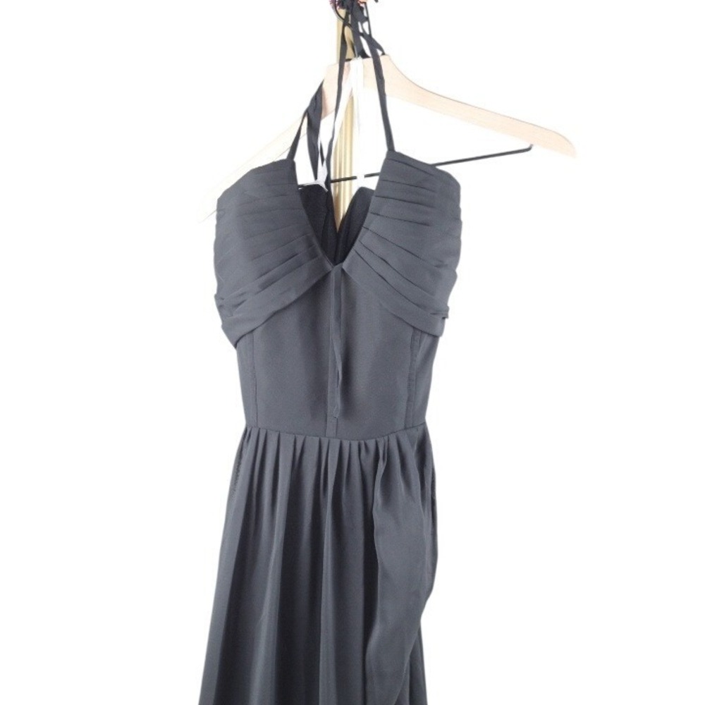 Black Pleated V-Neck Lace Up Back Maxi Dress with Ruffle Hem and Side Slit - Picture 3 of 6